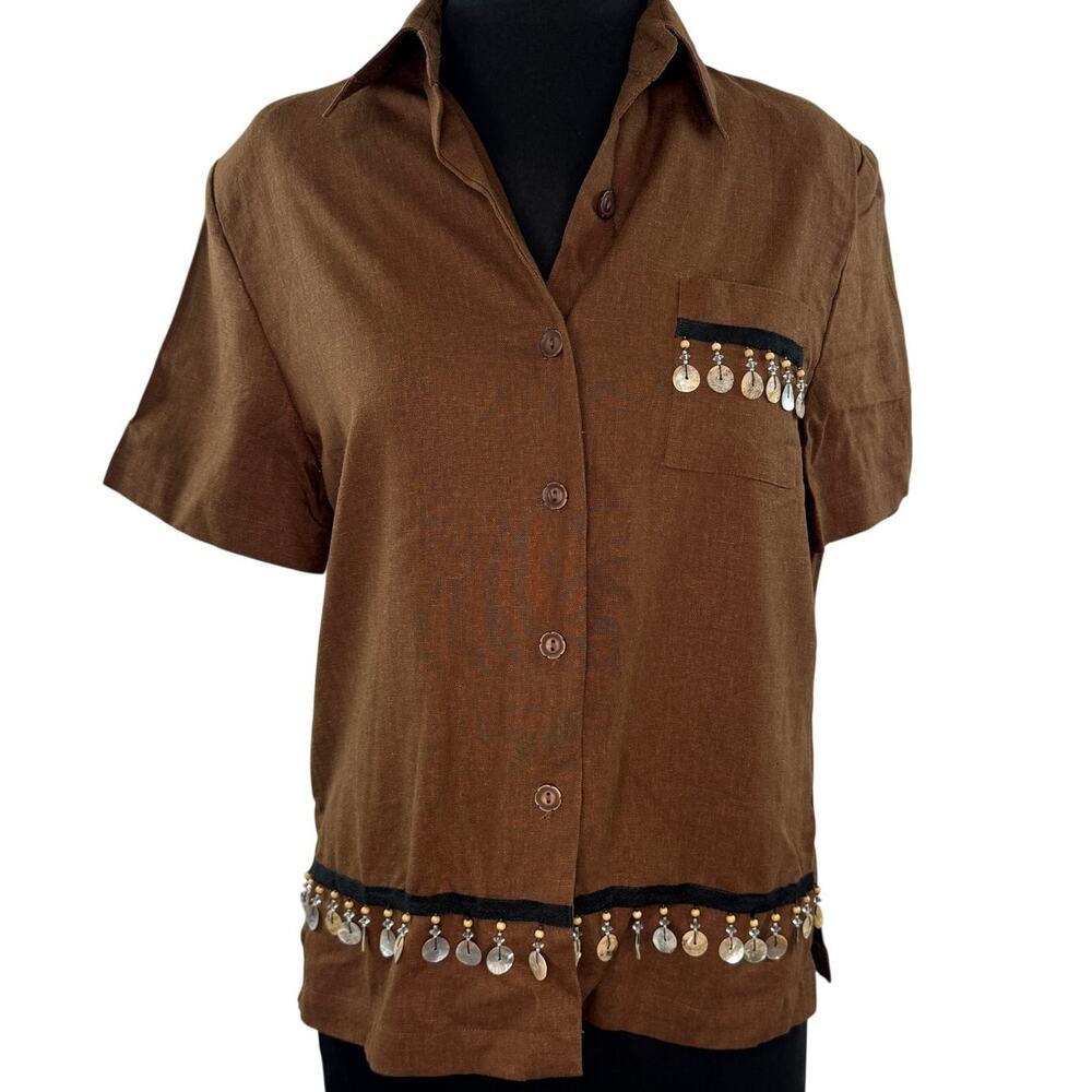 Vintage Leslie Fay Brown Shirt Linen Detail Short Sleeve Button-Up Size Medium M